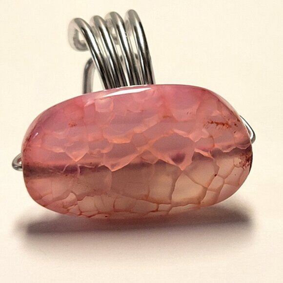 Pink Agate Veins Ring Adjustable Band Handmade Semi Precious Ring - Picture 3 of 10